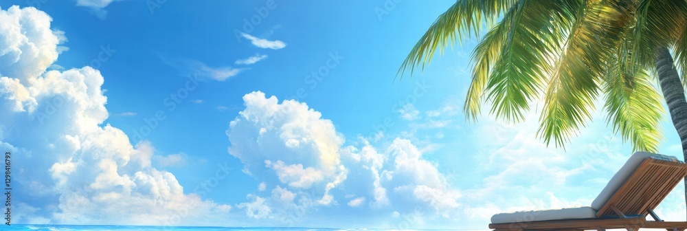 Poster bright tropical beach with a lounge chair under palm trees and fluffy clouds in a clear blue sky. ge