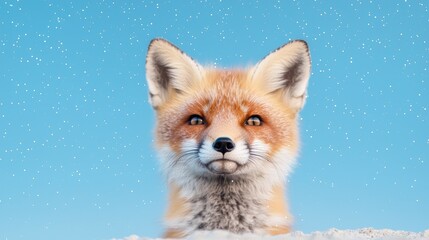 Obraz premium Cute fox in snowy landscape, looking at camera. Possible use Stock photography for children's books, nature themes, or greeting cards