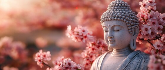 Serene Buddha Statue Amidst Blooming Cherry Blossoms