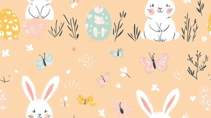 A pattern of rabbits and butterflies on a light colored background