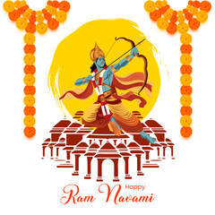Happy Ram Navami Illustration  Lord Rama with Bow and Arrow Divine Yellow Aura Ayodhya Ram Mandir Silhouette and Traditional Marigold Garland Decorations