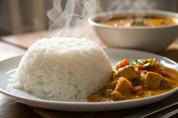 Minimalistic photo of fluffy jasmine rice with a side of curry, extreme close-up emphasizing steam rising, softly blurred background.