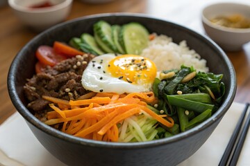Minimalistic photo of a Korean bibimbap bowl with mixed vegetables, egg, and rice, extreme close-up showcasing vibrant colors, softly blurred background.