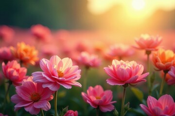 Softly glowing petal clusters amidst a vast sun-kissed field of colorful blooms, flowers, colors, daily