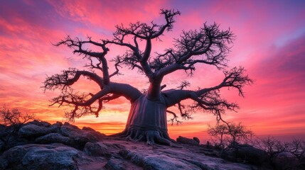 Majestic Baobab Tree Silhouetted Against Crimson Sunset Sky