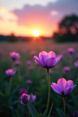 Obraz premium Softly glowing purple flowers in a field at dusk, natural, landscape