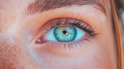 Obraz premium Close Up of a Woman's Green Eye with Freckles and Long Eyelashes