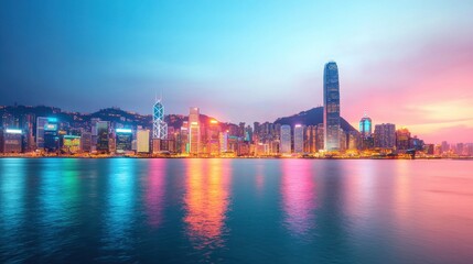 Fototapeta premium Vibrant City Skyline at Twilight Over Reflective Water Surface