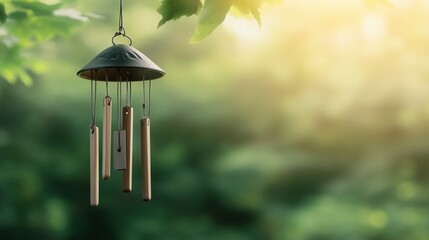 Wind chimes hanging in garden with blurred sunlight