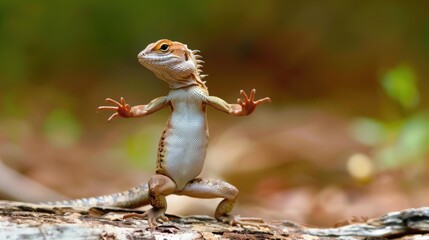 Obraz premium A vibrant lizard striking a unique pose on a log in a lush, blurred natural environment, showcasing its colors