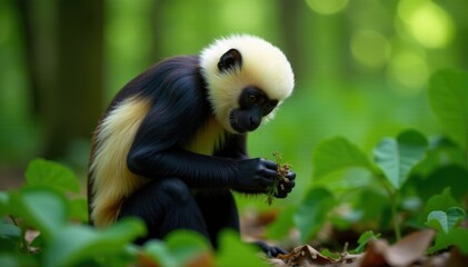Obraz premium White headed capuchin foraging in forest undergrowth, leaves, primate