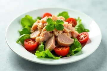 White plate topped with fresh tuna salad and mixed greens, plate, leafy