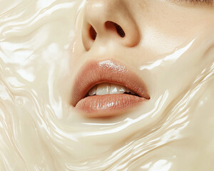 Fototapeta premium Close-up of a woman's lips and face submerged in liquid, symbolizing purity, skincare, or beauty care, with soft textures highlighting skincare products or cosmetics.