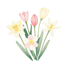 A colorful bouquet of watercolor flowers on a black background, showcasing various blooms and greenery. Easter Watercolor Clipart.