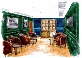 Hand drawn colour concept sketch for an interior.