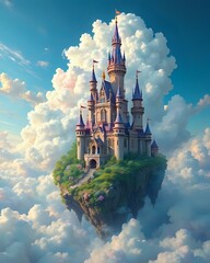 illustration d'un château flottant qui se situe dans les nuages au sein d'un décors fantasmagorique 