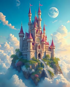 illustration d'un ch&acirc;teau flottant qui se situe dans les nuages au sein d'un d&eacute;cors fantasmagorique 