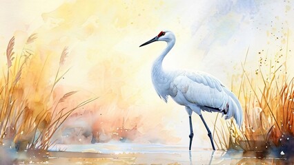 Naklejka premium Whooping Crane in Natural Habitat with Serene Mood in a Wetland Background