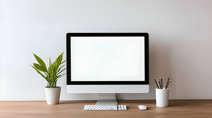 Clean Modern Workspace With Computer Monitor Plant and Office Supplies on Wooden Desk