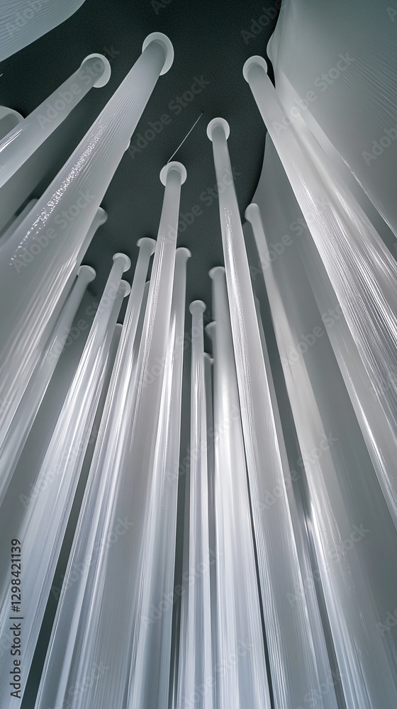 Aufkleber looking up at hanging white columns in an abstract installation, showcasing a modern art design with
