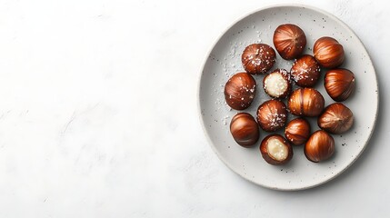 Obraz premium Salted chestnuts on plate, light background, overhead view