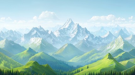 Fototapeta premium Majestic snow-capped mountains, green valley, sunny day, scenic wallpaper