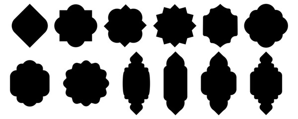 Border, board for text. Black shape isolated on transparent backgroun. Decorative vector element in east, arabian style. Collection, set.