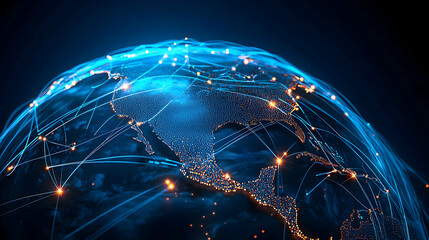 Digital Globe with Network Connections Illuminating Continents on a Dark Background