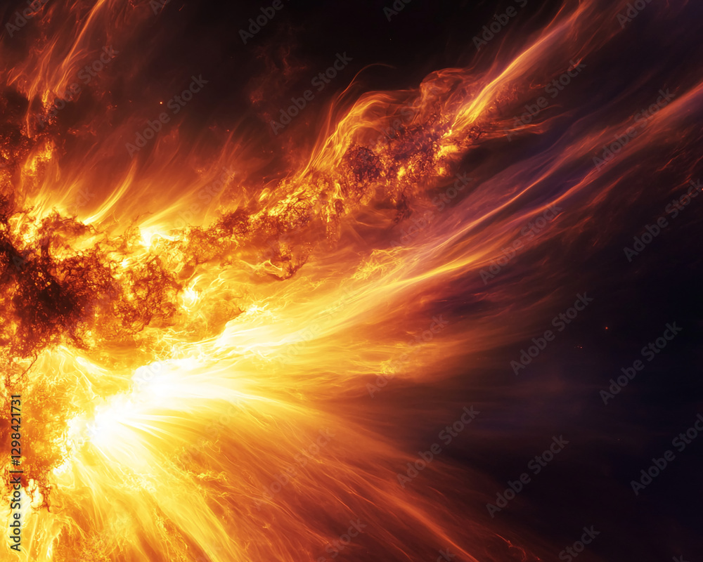 Poster close-up view of intense flames and fiery energy bursting from a dark background, symbolizing power,