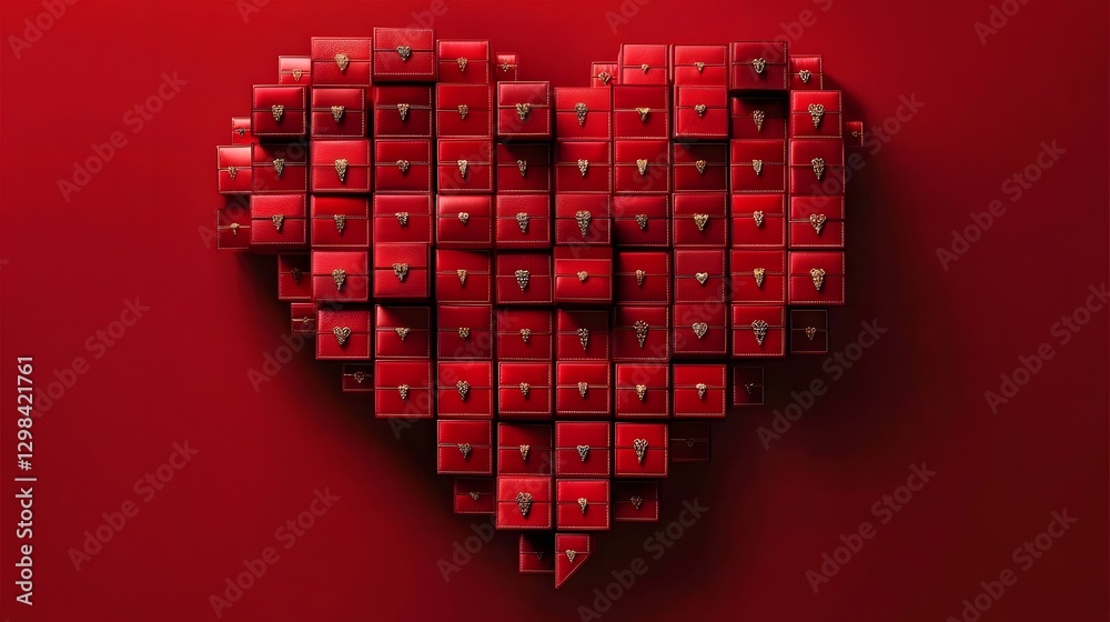 Poster Visually striking heart structure beautifully crafted from lavish red jewelry boxes each adorned with subtle gold embellishments symmetrically arranged to create depth and sophistication