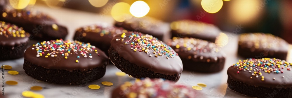 Poster delicious chocolate cookies covered in colorful sprinkles perfect for festive occasions. generative 