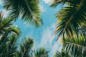 Fototapeta premium Looking upwards, large green palm leaves stretch across the sky, creating a vibrant tropical atmosphere.