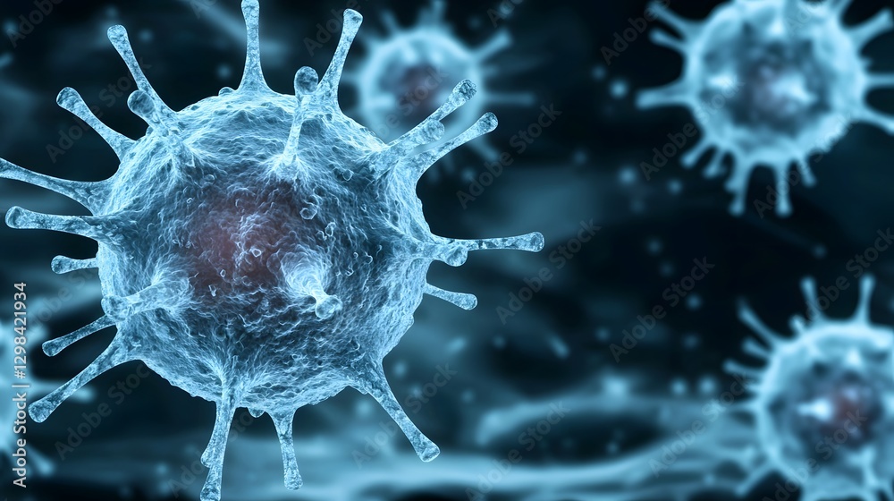 Aufkleber Microscopic 3D visualization of spherical virus particles with spike like protein structures protruding from their surfaces floating in a soft focus biological environment