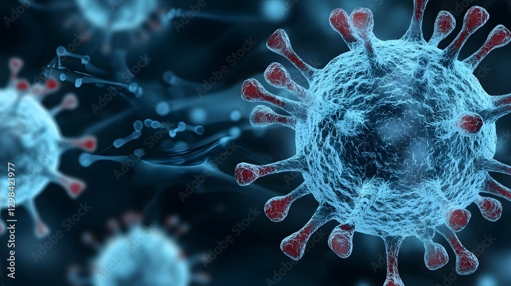 Poster 3d visualization of microscopic spherical virus particles with spike like protein structures protrud