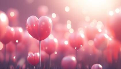 Field of Love. Romantic Background, Valentine s Day, Many Heart-shaped Balloons, Blurred Background