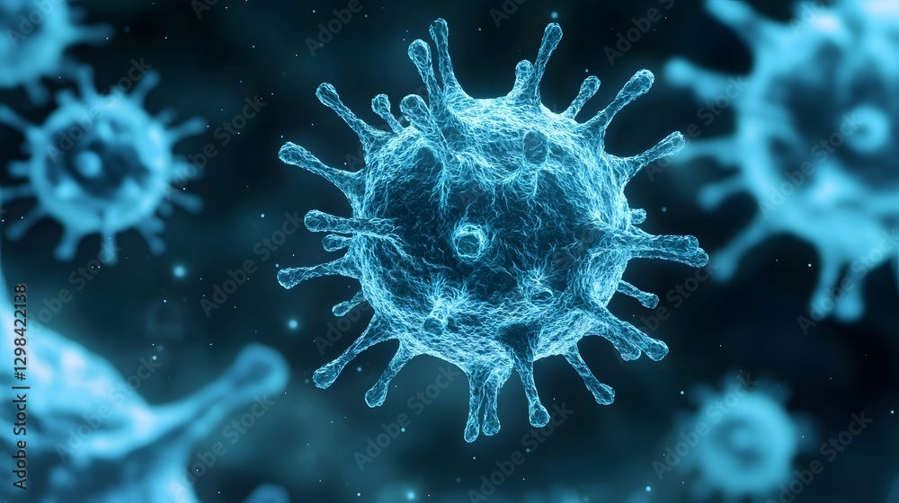 Poster medical depicting a microscopic view of viral cells drifting in a fluid environment the particles fe