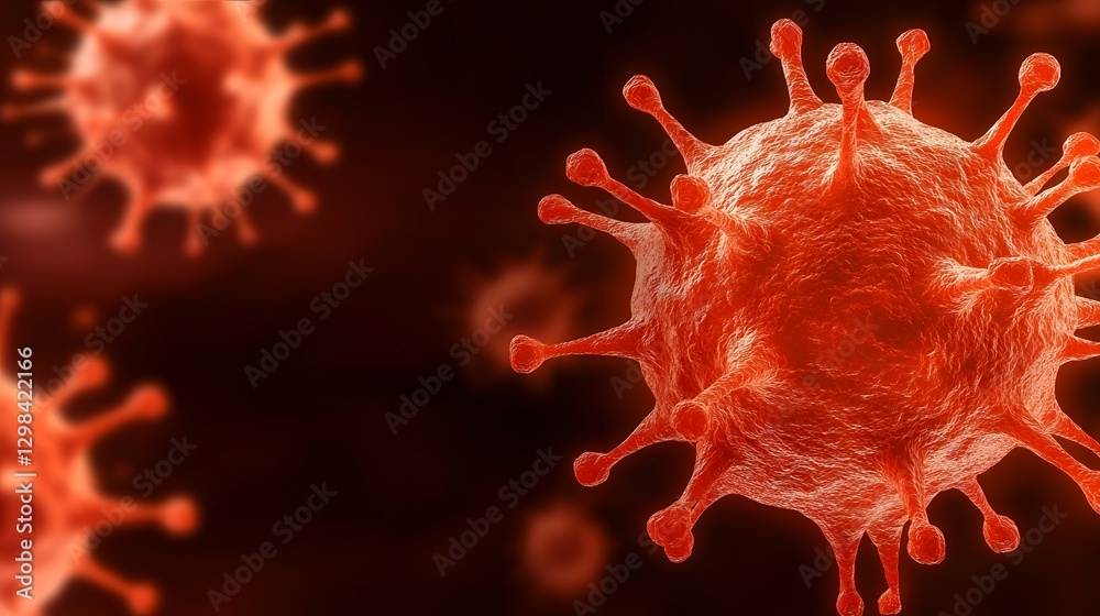 Aufkleber Microscopic 3D view of red virus particles covered in spike like protein structures floating in a fluid environment  The virus cells have a glowing red hue with a semi translucent texture
