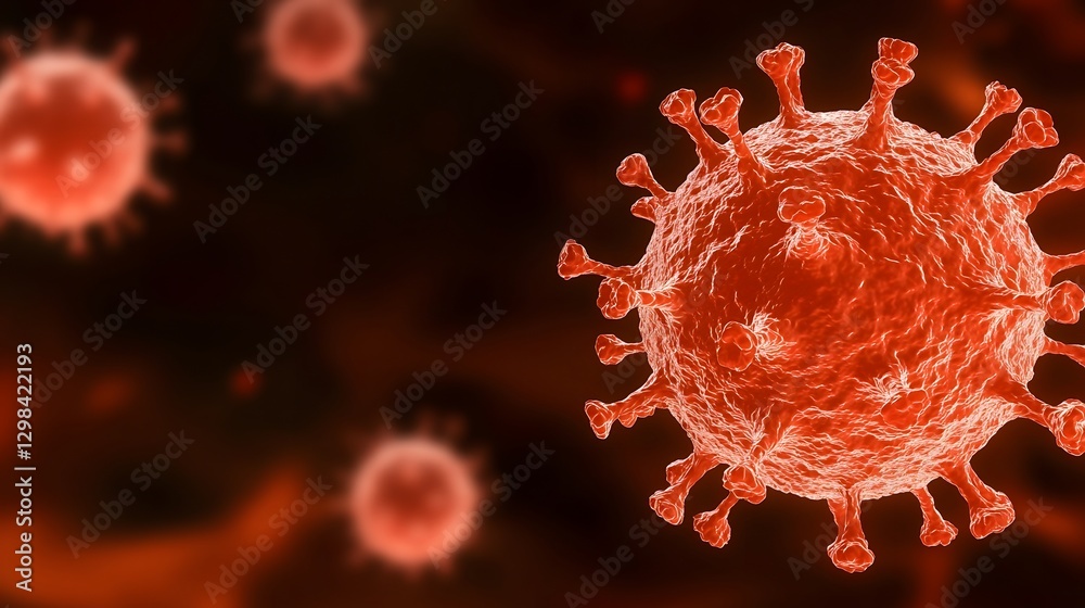 Aufkleber Microscopic 3D view showcasing the detailed structure of red virus particles covered in spike like protein formations floating in a fluid environment with a semi translucent