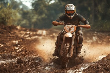 Exciting dirt bike rider navigating through muddy terrain in a forest setting during daytime. Generative AI