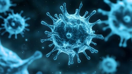 medical depicting a microscopic view of viral cells drifting in a fluid environment  The particles feature spiky protein layers that define their distinctive shape