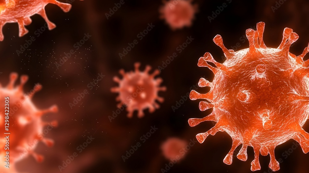 Aufkleber depiction of floating virus particles with detailed red spike proteins showcased in a fluid biologic