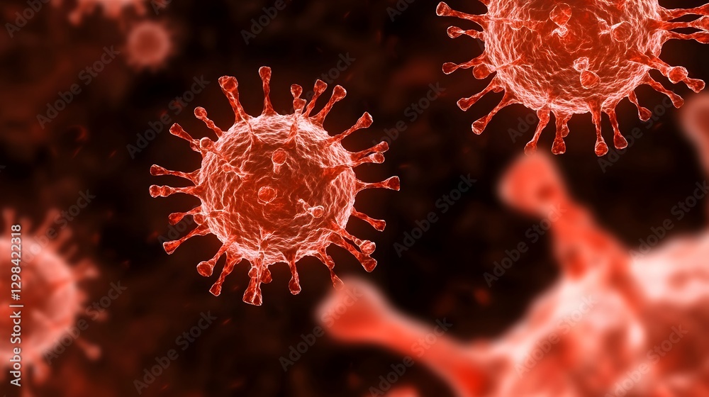 Aufkleber an digital showcasing floating viral particles with intricate red spike proteins rendered in a fluid