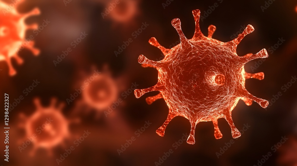 Aufkleber highly detailed 3d rendering of red colored virus particles with spiky surface proteins drifting in 