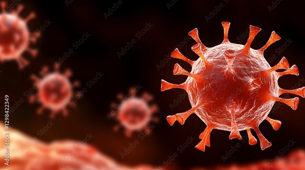 Poster highly detailed 3d rendering of red colored virus particles with spiky surface proteins drifting in 