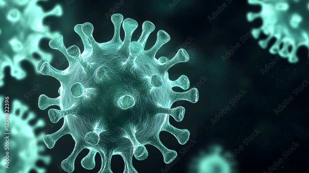 Poster microscopic 3d visualization of green colored virus particles with spiky surface proteins floating i