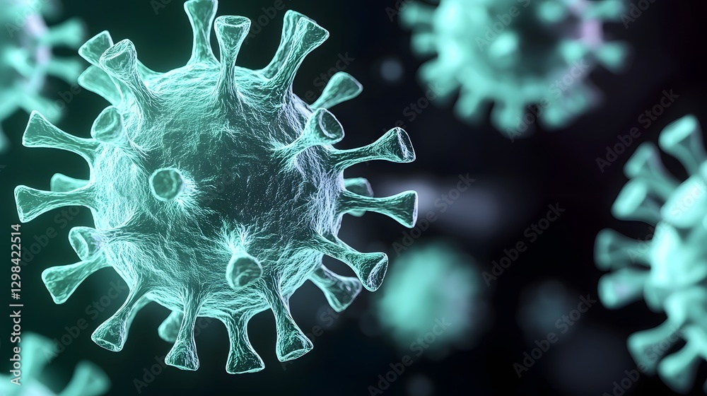 Poster Close up scientific visualization of intricately detailed green virus particles with distinct surface spikes floating in a microscopic biological medium