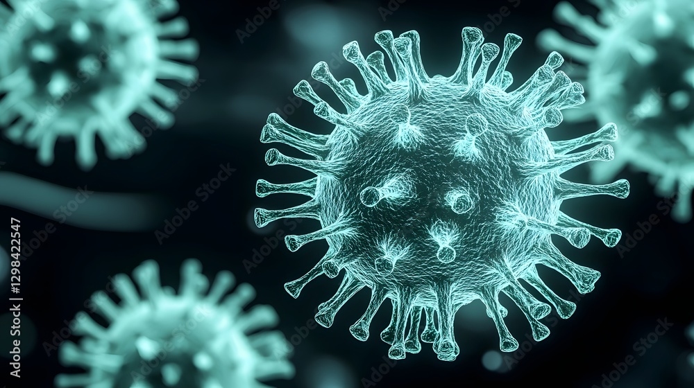 Poster detailed scientific visualization of green coronavirus viral particles with distinct surface spikes 