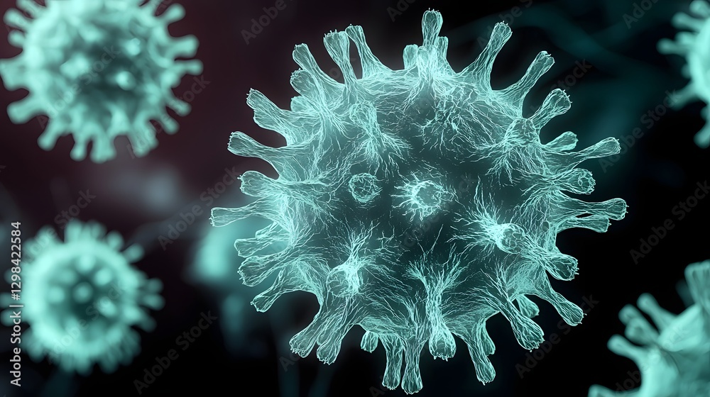 Poster rendering of floating green virus particles with intricate spiky surface proteins showcased in a glowing biological fluid environment  The viral cells have a semi translucent