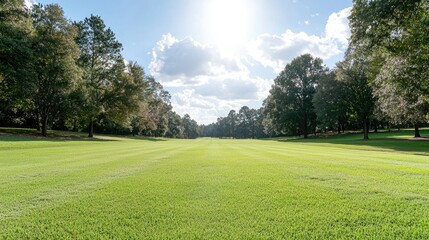 Sunny golf course fairway, trees, blue sky