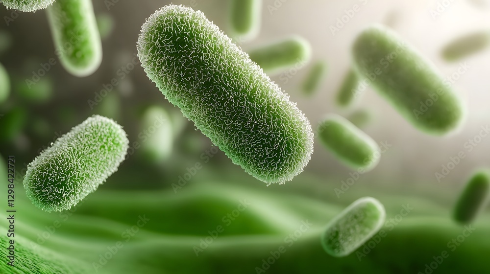 Poster vibrant microscopic 3d rendering of green bacteria cells swimming in a biological medium featuring i